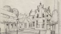 Tekening van Han Prins uit ca 1971 van het Huis met de Hoofden aan de Goudsteeg 19